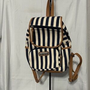 Rosetti Tinley backpack navy blue/cream stripe canvas material tan faux leather